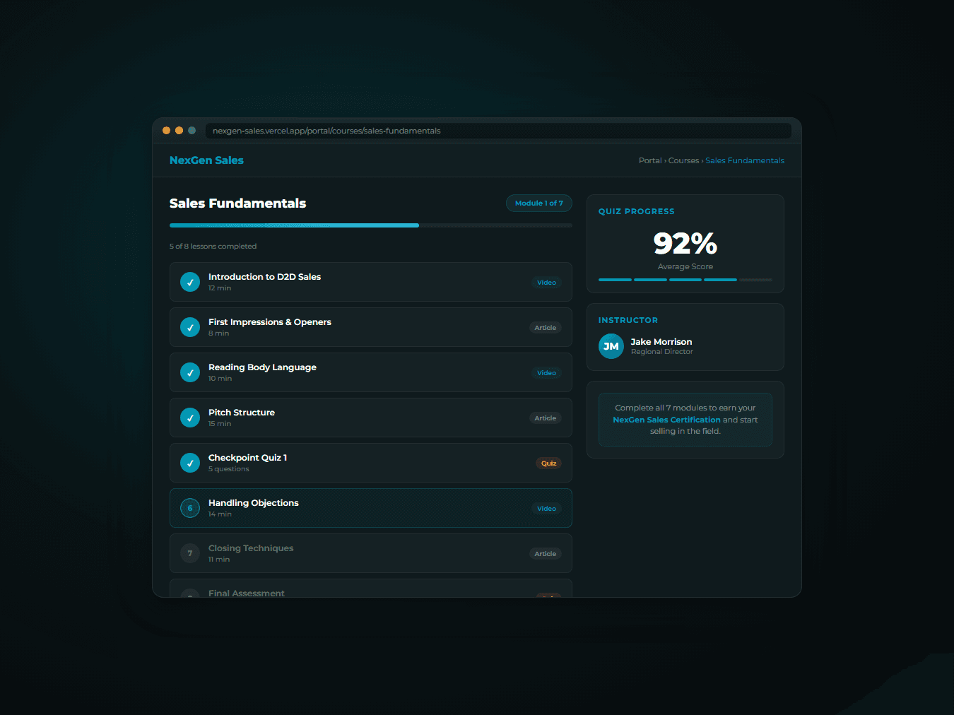 NexGen Sales: Recruitment portal with training LMS and admin dashboards